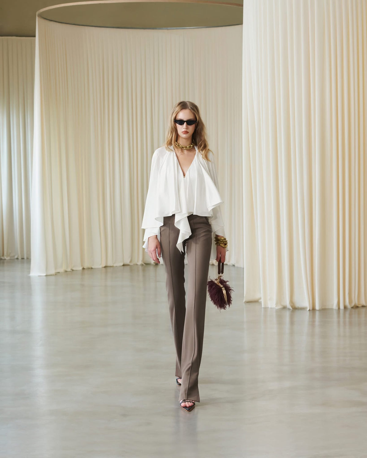 MUST HAVE Silk cape top & Slit-hem pants — Must Have