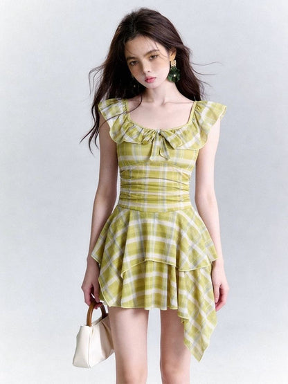 INNA Lime Picnic Plaid Ruffle Swim Dress
