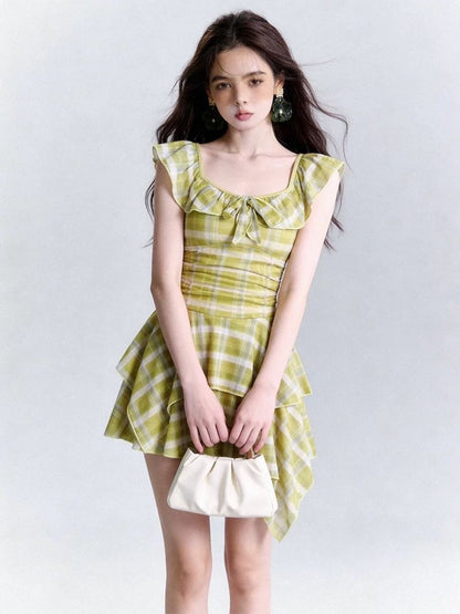 INNA Lime Picnic Plaid Ruffle Swim Dress