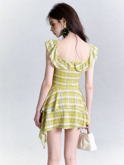 INNA Lime Picnic Plaid Ruffle Swim Dress