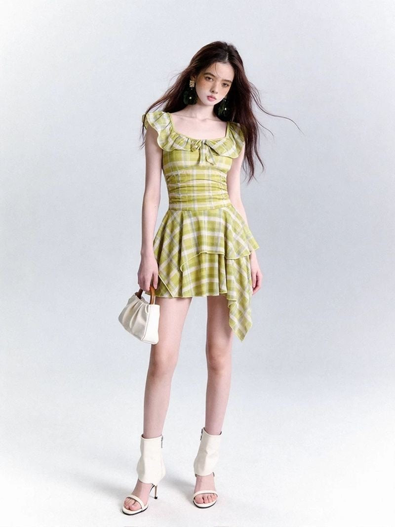 INNA Lime Picnic Plaid Ruffle Swim Dress