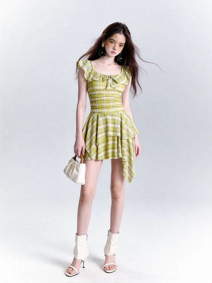 INNA Lime Picnic Plaid Ruffle Swim Dress
