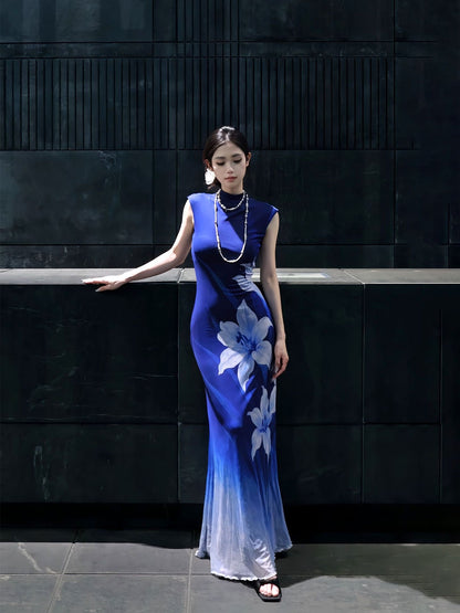 Blue Iris Print Sheer Maxi Dress – Elegant Sleeveless Bodycon Evening Dress