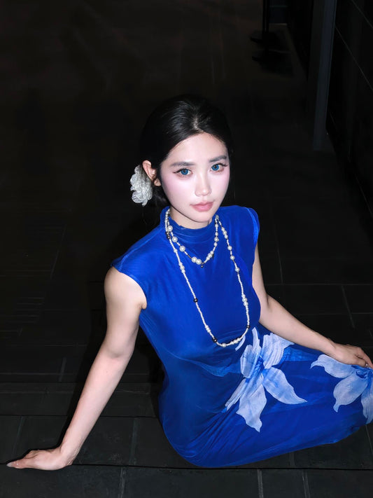 Blue Iris Print Sheer Maxi Dress – Elegant Sleeveless Bodycon Evening Dress