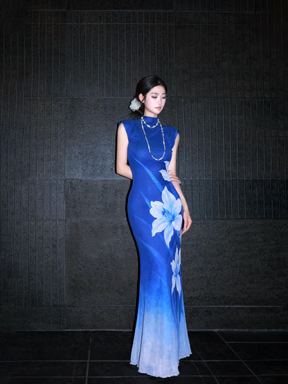 Blue Iris Print Sheer Maxi Dress – Elegant Sleeveless Bodycon Evening Dress