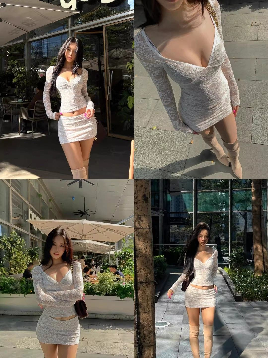 Elegant Lace Two-Piece Mini Skirt Set – Sheer Long Sleeve Top & Bodycon Skirt