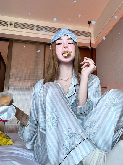 INNA Blue Bloom Striped Long Pajama Set