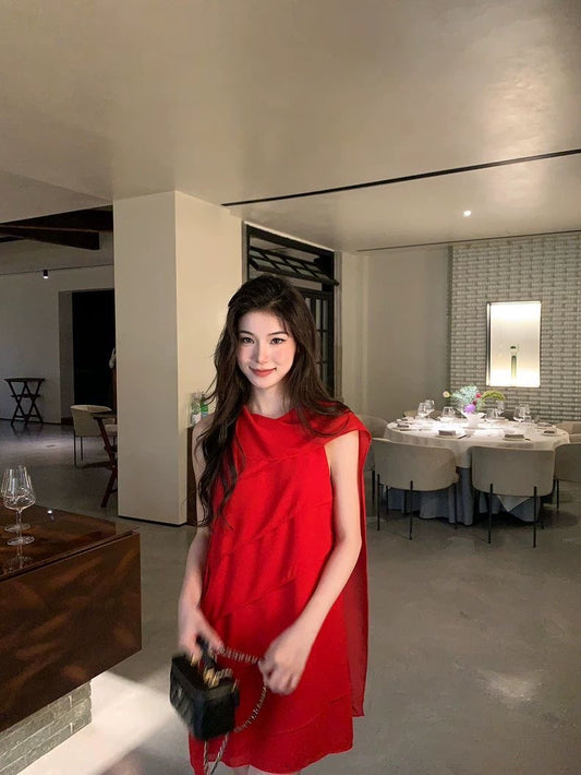 Crimson Drape Cape Dress