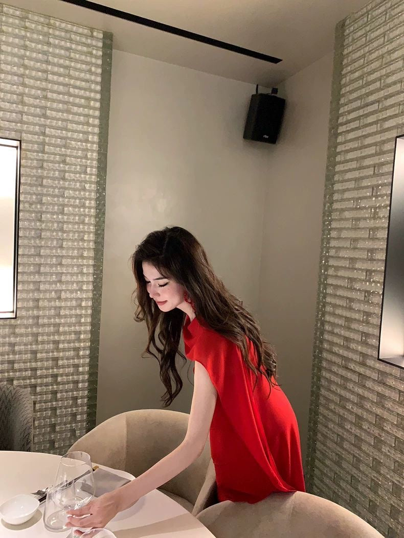 Crimson Drape Cape Dress