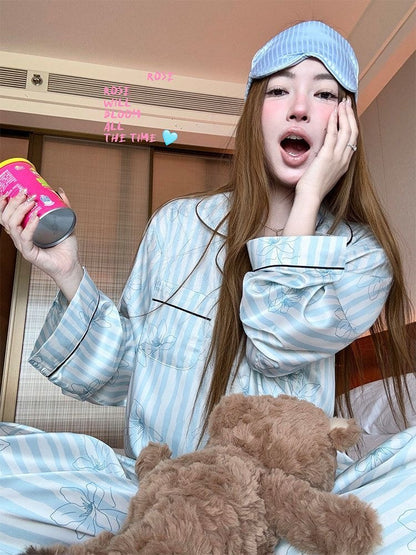 INNA Blue Bloom Striped Long Pajama Set