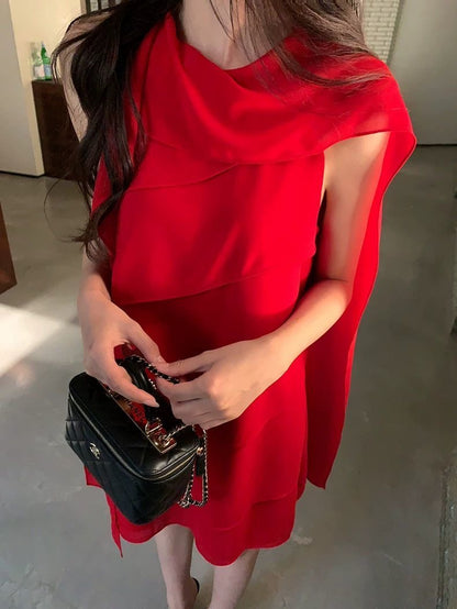 Crimson Drape Cape Dress
