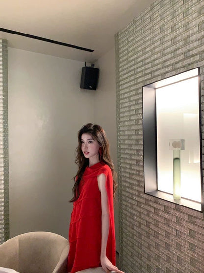 Crimson Drape Cape Dress
