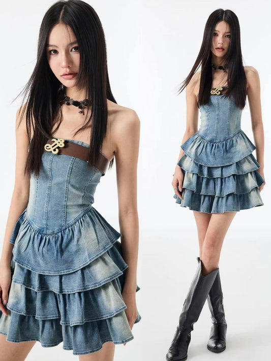 Denim Charm Tiered Bustier Dress