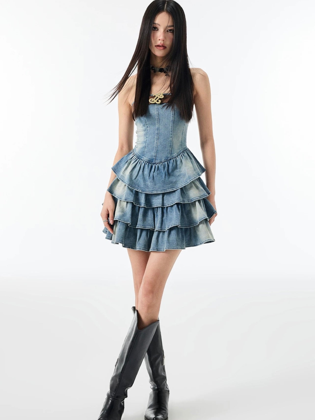 Denim Charm Tiered Bustier Dress