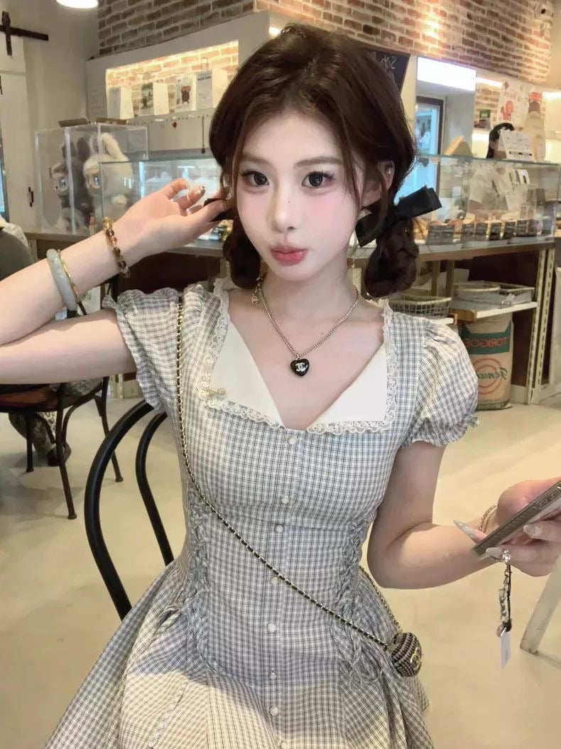 Gingham Lace Button Dress
