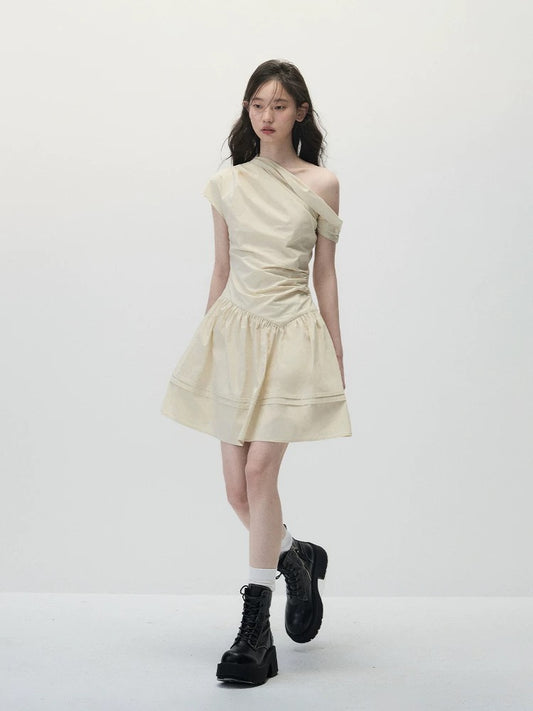 Beige Asymmetric Waist-Cinched A-Line Dress – Minimalist & Flattering