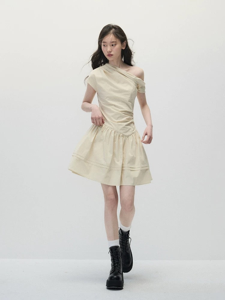 Beige Asymmetric Waist-Cinched A-Line Dress – Minimalist & Flattering
