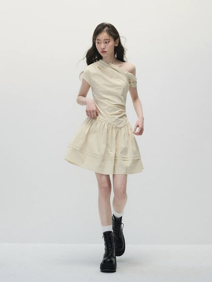 Beige Asymmetric Waist-Cinched A-Line Dress – Minimalist & Flattering