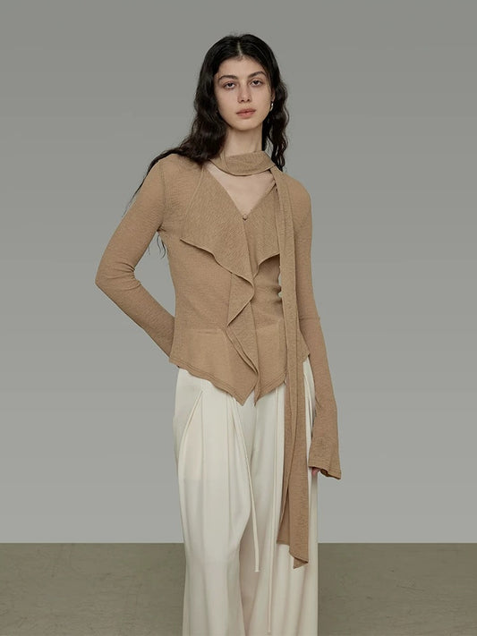 V-Neck Knit Top with Flowing Tie Detail