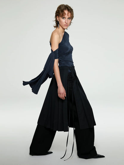 French Asymmetrical Acetate Backless Top with Ribbon Tie