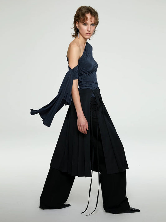 French Asymmetrical Acetate Backless Top with Ribbon Tie