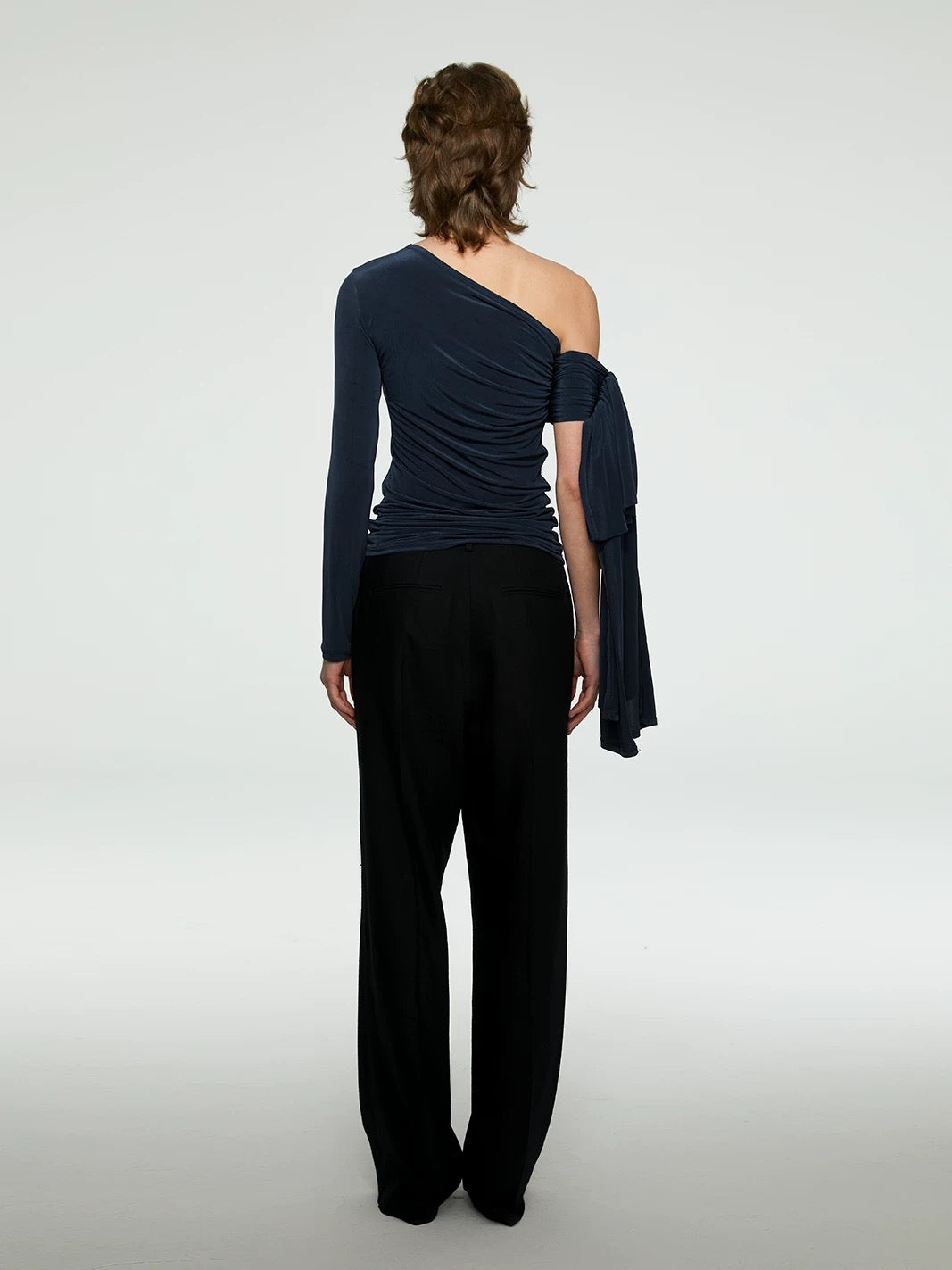 French Asymmetrical Acetate Backless Top with Ribbon Tie