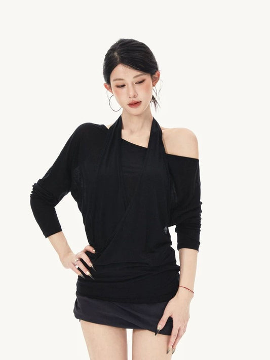 Black Halter Neck Batwing Sleeve Top with Layered Look