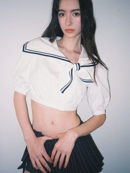 Nautical Collar Puff Sleeve Crop Shirt & Striped Pleated Skirt Set