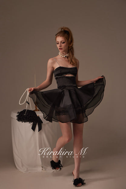 Kirakira.M Black diamond hollow-out top & Black lace swing skirt