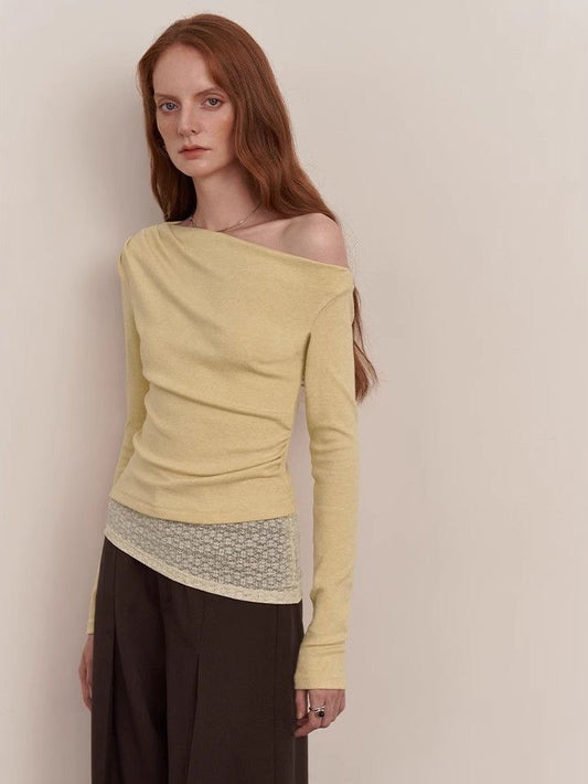 Cream Yellow Cowl Neck Knit Top with Lace Details