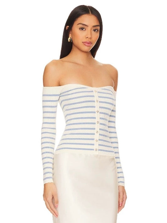 Off-Shoulder Striped Ribbed Knit Top – Baby Blue