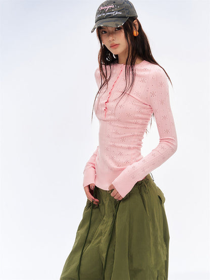 Soft Pink Hollow-Out Knitted Henley Long-Sleeve Top