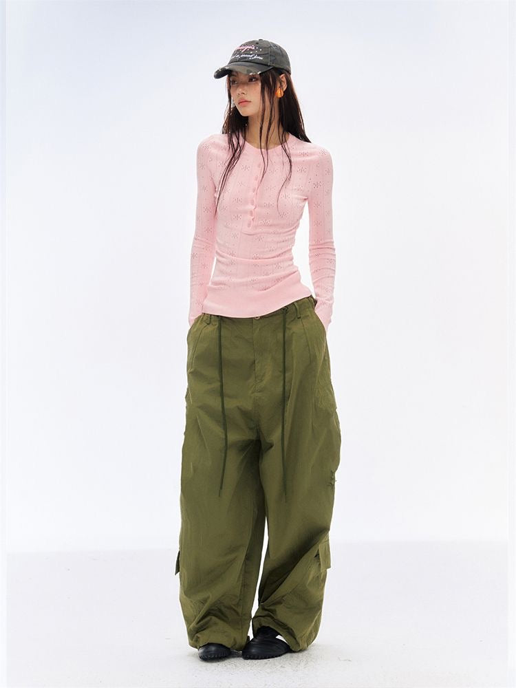Soft Pink Hollow-Out Knitted Henley Long-Sleeve Top