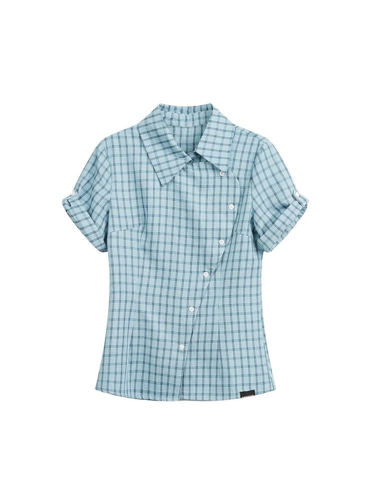Blue Plaid Slim-Fit Short Sleeve Shirt – Colorblock Checkered Design