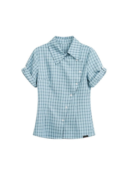 Blue Plaid Slim-Fit Short Sleeve Shirt – Colorblock Checkered Design
