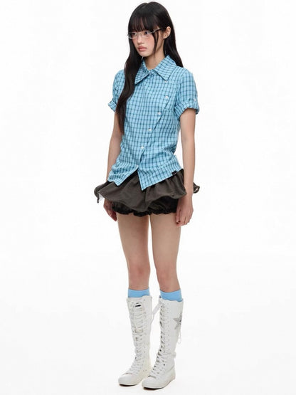 Blue Plaid Slim-Fit Short Sleeve Shirt – Colorblock Checkered Design