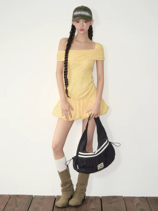Yellow Textured Plaid One-Shoulder Bubble A-Line Dress with Elastic Waist