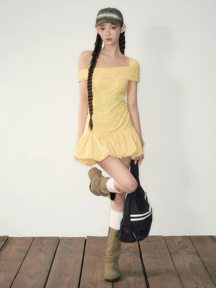 Yellow Textured Plaid One-Shoulder Bubble A-Line Dress with Elastic Waist