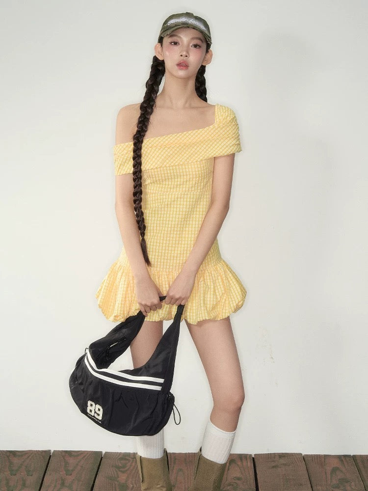 Yellow Textured Plaid One-Shoulder Bubble A-Line Dress with Elastic Waist