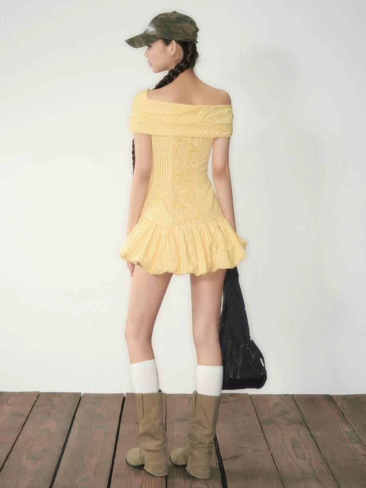 Yellow Textured Plaid One-Shoulder Bubble A-Line Dress with Elastic Waist