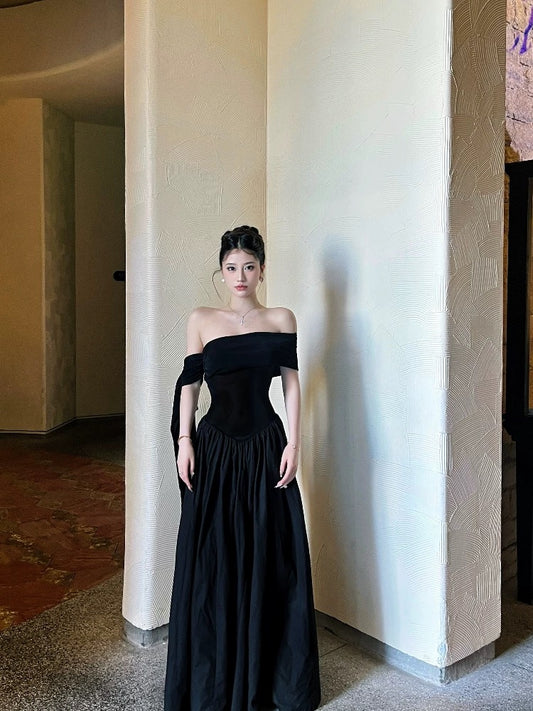 French Hepburn Off-Shoulder Ribbon Black Dress – Flowy & Elegant