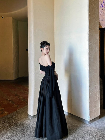 French Hepburn Off-Shoulder Ribbon Black Dress – Flowy & Elegant