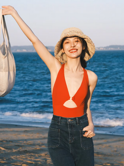 Scarlet Gold-Ring Backless One-Piece Swimsuit