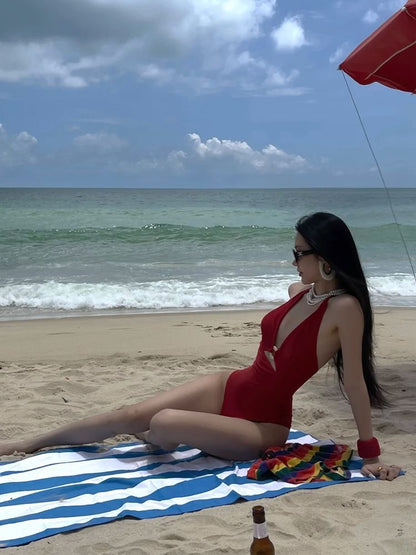 Scarlet Gold-Ring Backless One-Piece Swimsuit