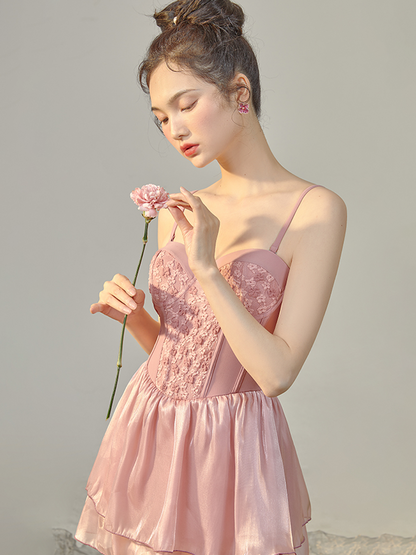 Pink Sweetheart-Style Swim Dress With Underwire Support