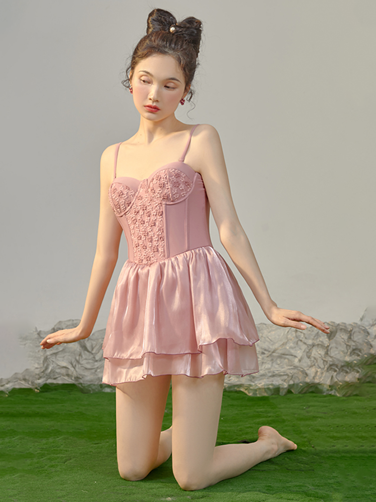Pink Sweetheart-Style Swim Dress With Underwire Support