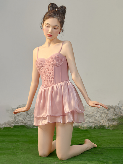 Pink Sweetheart-Style Swim Dress With Underwire Support