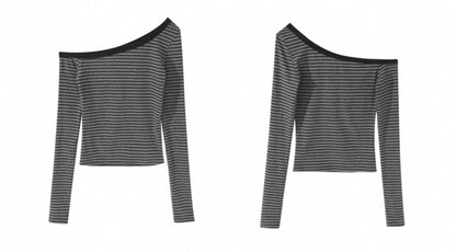 Off-Shoulder Black & Gray Striped Slim-Fit Long-Sleeve Top