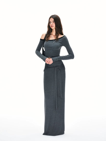 Off-Shoulder Black & Gray Striped Slim-Fit Long-Sleeve Top