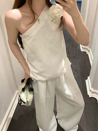 White Linen Two-Piece Set – Sleeveless Top & Wide-Leg Pants